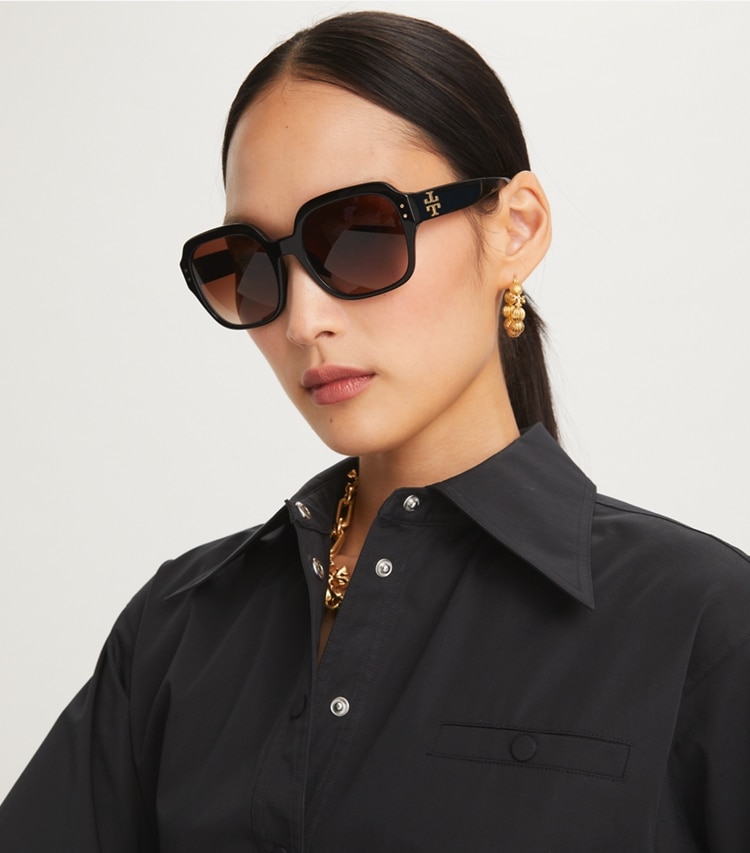 Tory Burch designer sunglasses & eyewear Oversized Square Logo Sunglasses in Black accessory on model