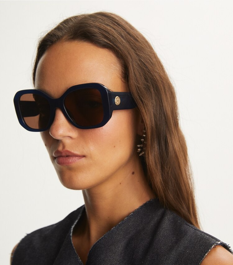 Tory Burch designer sunglasses & eyewear Oversized Square Sunglasses in TRANSPARENT NAVY/ SOLID BROWN accessory on model