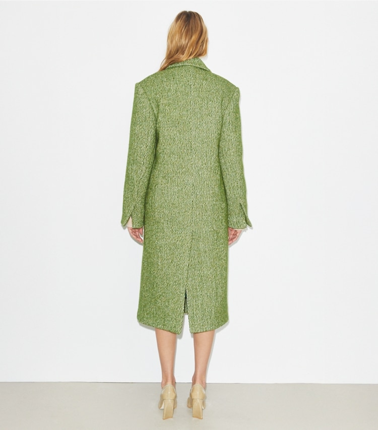 Tory Burch designer coats Oversized Twill Coat in Green Irregular Twill Coating on model back