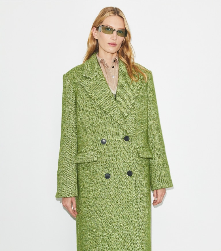Tory Burch designer coats Oversized Twill Coat in Green Irregular Twill Coating front