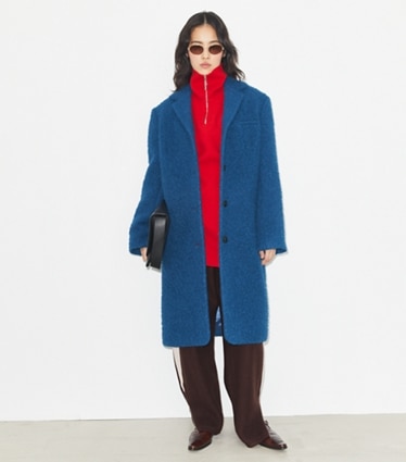 Tory Burch designer coats Oversized Wool Coat in Bright Blue on model front