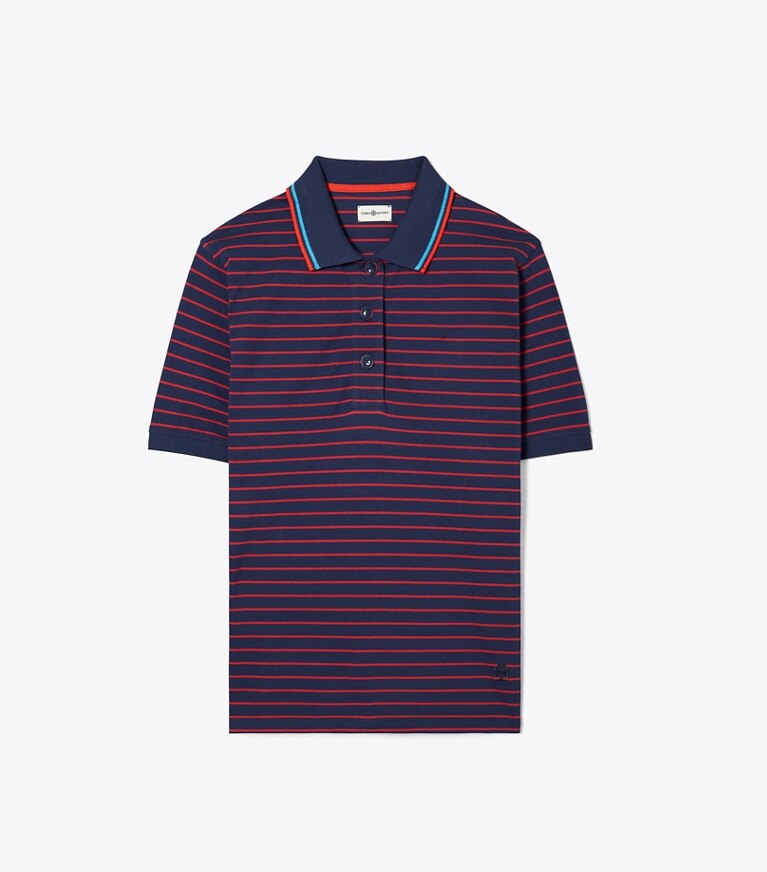 Tory Sport designer tops Oversized Yarn-Dyed Polo in Tory Navy Base Stripe front