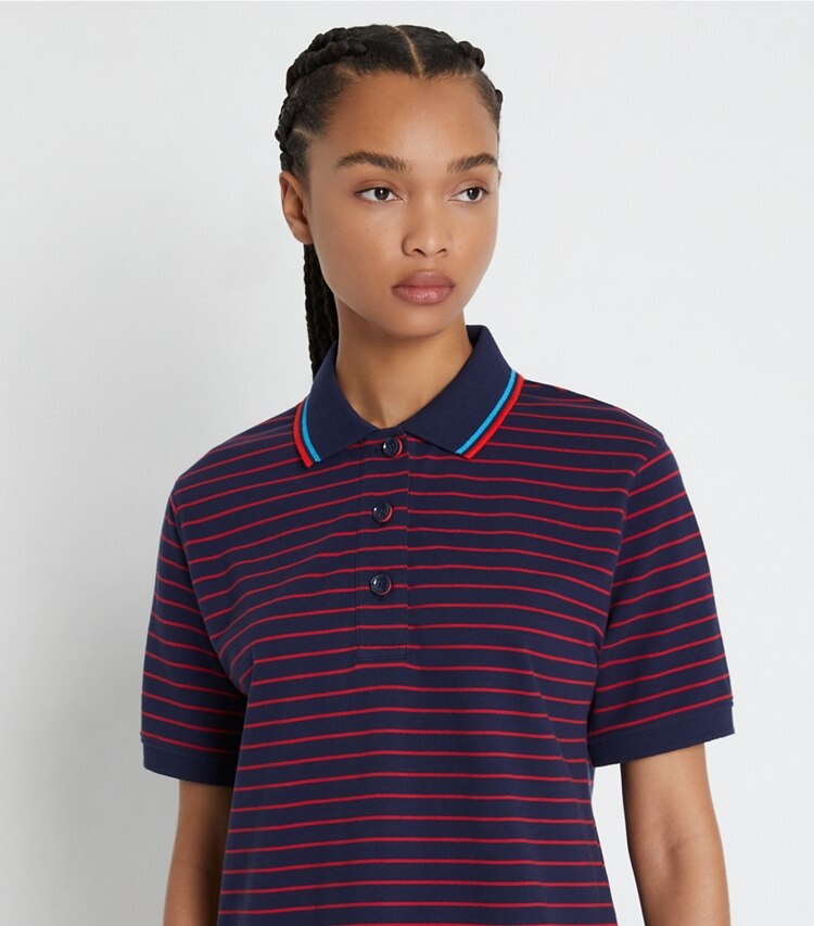 Tory Sport designer tops Oversized Yarn-Dyed Polo in Tory Navy Base Stripe on model detail