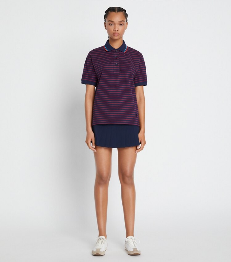 Tory Sport designer tops Oversized Yarn-Dyed Polo in Tory Navy Base Stripe on model front
