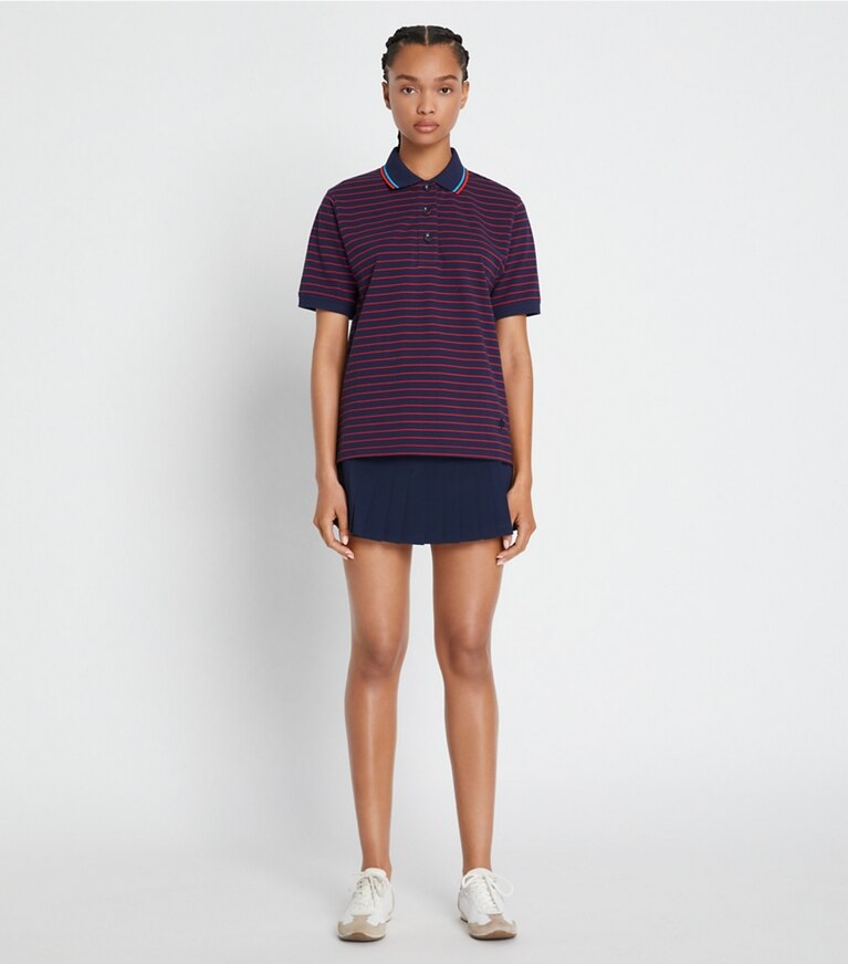 Tory Sport designer tops Oversized Yarn-Dyed Polo in Tory Navy Base Stripe front