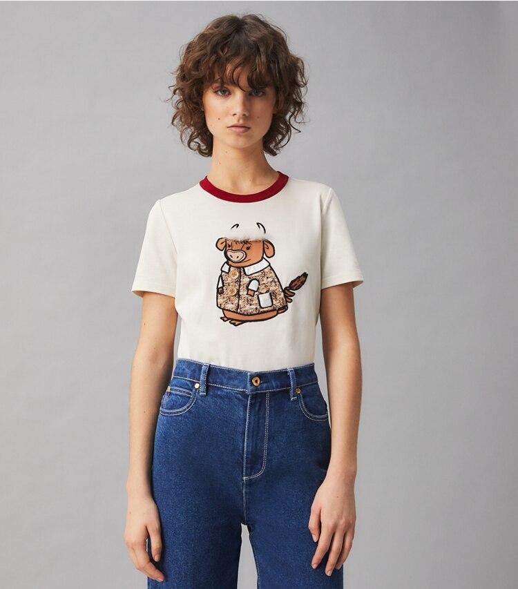 Tory Burch designer tops Ozzie the Ox T-Shirt in NEW IVORY on model detail
