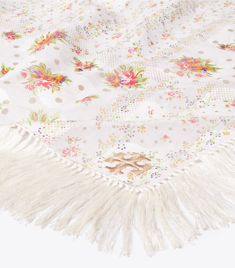 Tory Burch diseñador bufandas Pañoleta con flecos y patchwork floral y lunares en Dot Floral Ivory detalle