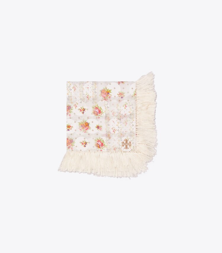 Tory Burch diseñador bufandas Pañoleta con flecos y patchwork floral y lunares en Dot Floral Ivory plegado
