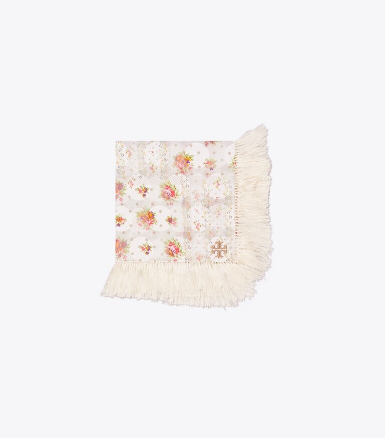 Tory Burch diseñador bufandas Pañoleta con flecos y patchwork floral y lunares en Dot Floral Ivory plegado