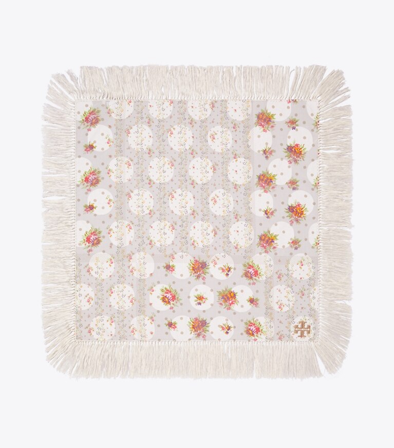 Tory Burch diseñador bufandas Pañoleta con flecos y patchwork floral y lunares en Dot Floral Ivory frente