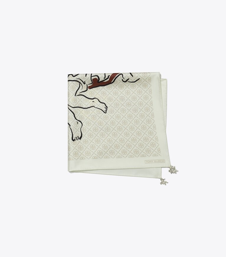 Tory Burch diseñador bufandas Pañoleta de seda con querubín con monograma en forma de T en Beige Cherubs plegado