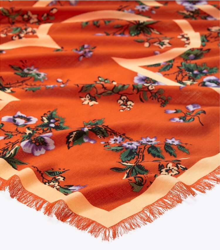 Tory Burch diseñador bufandas Pañuelo cuadrada extragrande de lana con estampado floral lyonnaise Kira en Brick detalle