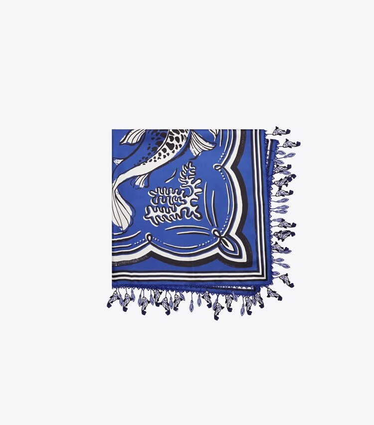 Tory Burch diseñador bufandas Pañuelo cuadrado de seda con diseño de pescados en Fish Blue plegado