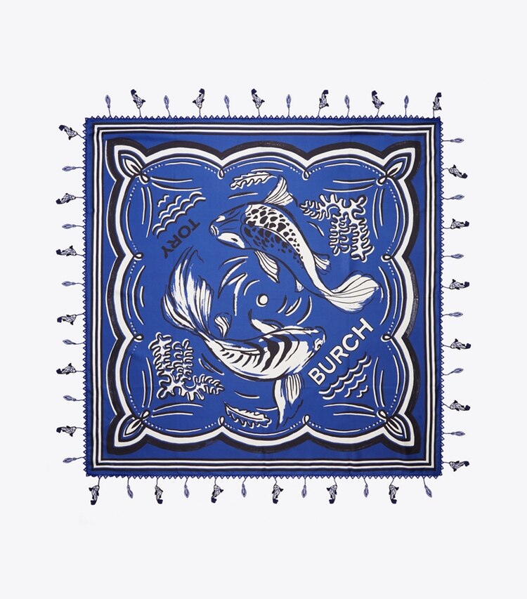 Tory Burch diseñador bufandas Pañuelo cuadrado de seda con diseño de pescados en Fish Blue vista superior