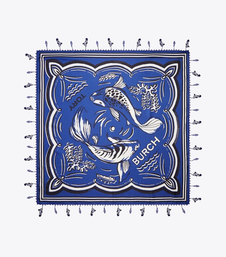 Tory Burch diseñador bufandas Pañuelo cuadrado de seda con diseño de pescados en Fish Blue vista superior