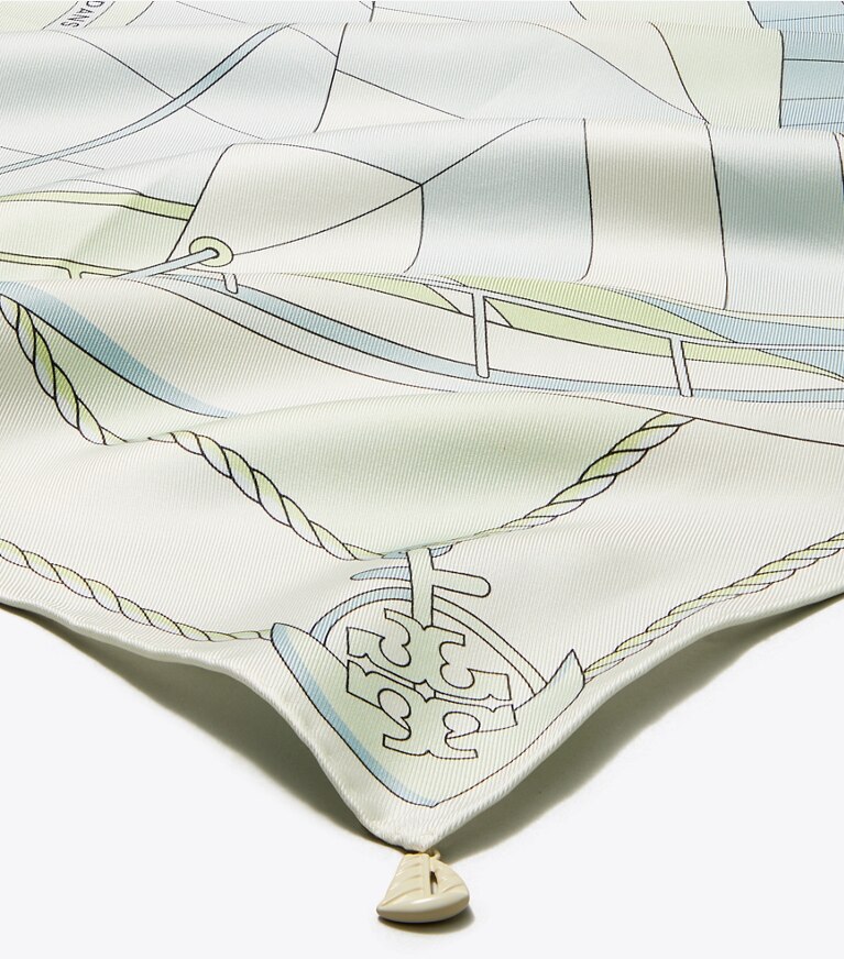 Tory Burch diseñador bufandas Pañuelo cuadrado de seda con espiral con velero en Mint detalle