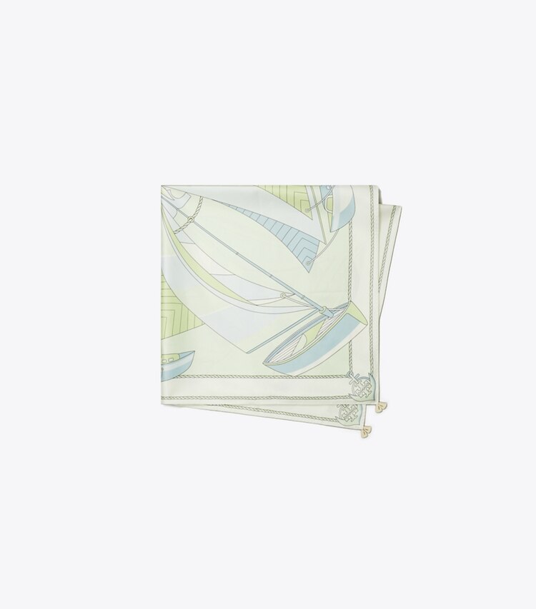 Tory Burch diseñador bufandas Pañuelo cuadrado de seda con espiral con velero en Mint plegado