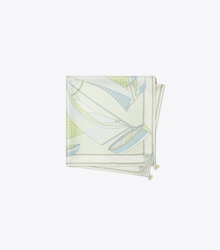 Tory Burch diseñador bufandas Pañuelo cuadrado de seda con espiral con velero en Mint plegado
