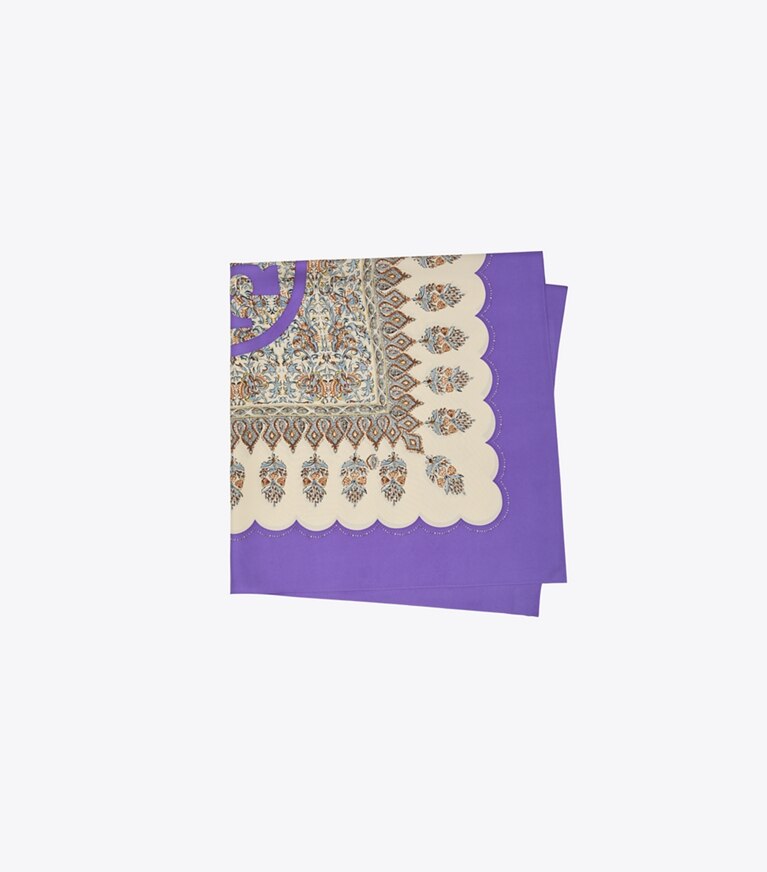Tory Burch diseñador bufandas Pañuelo cuadrado de seda con estampado paisley floral vintage en Royal Purple plegado