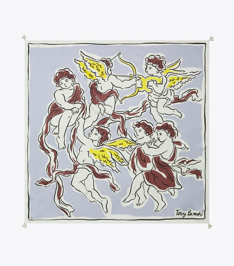 Tory Burch diseñador bufandas Pañuelo cuadrado de seda con querubines en Gray Cherubs vista superior