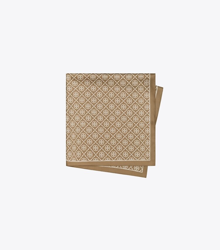 Tory Burch diseñador bufandas Pañuelo cuadrado de seda de doble cara con monograma de T en Natural Khaki plegado