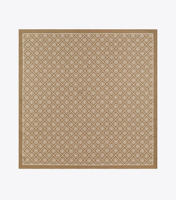 Tory Burch diseñador bufandas Pañuelo cuadrado de seda de doble cara con monograma de T en Natural Khaki desde arriba