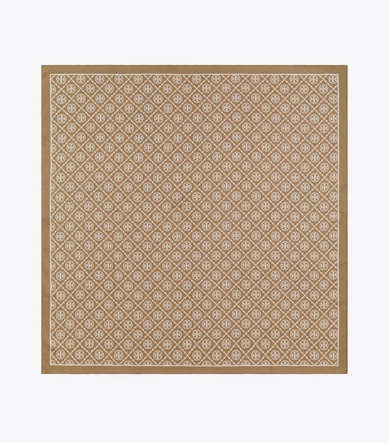 Tory Burch diseñador bufandas Pañuelo cuadrado de seda de doble cara con monograma de T en Natural Khaki desde arriba