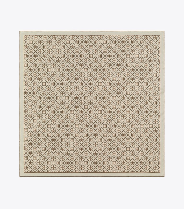Tory Burch diseñador bufandas Pañuelo cuadrado de seda de doble cara con monograma de T en Natural Khaki plegable y reversible