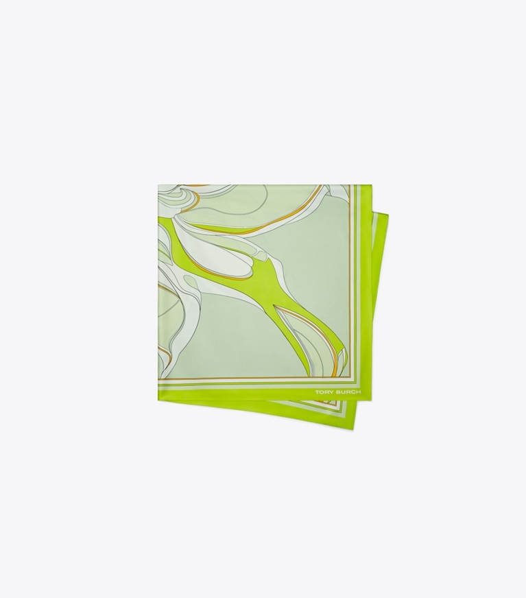 Tory Burch diseñador bufandas Pañuelo cuadrado de seda extragrande floral retorcido en Chartreuse plegado