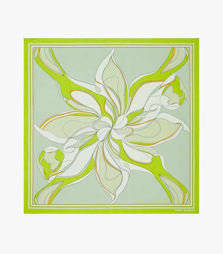 Tory Burch diseñador bufandas Pañuelo cuadrado de seda extragrande floral retorcido en Chartreuse vista superior