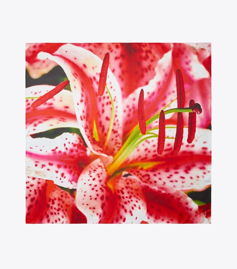 Tory Burch diseñador bufandas Pañuelo cuadrado de seda Lily en Pink Lily vista superior