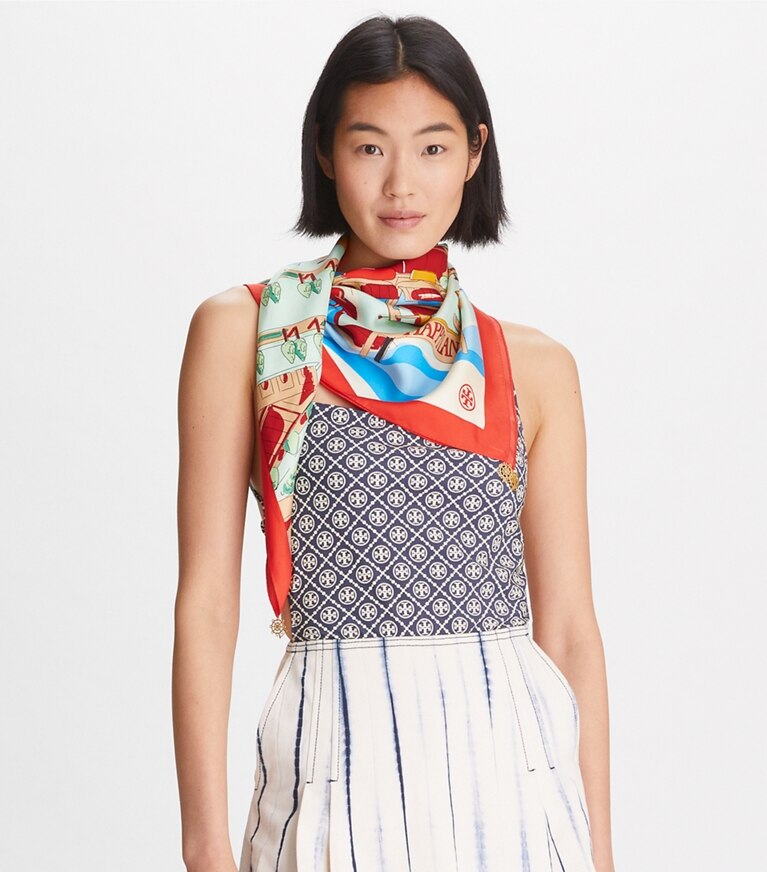 Tory Burch diseñador bufandas Pañuelo cuadrado de seda Summer Carnival en Mint adicional en el modelo