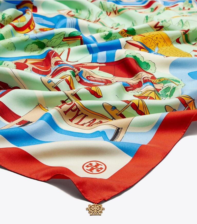 Tory Burch diseñador bufandas Pañuelo cuadrado de seda Summer Carnival en Mint detalle