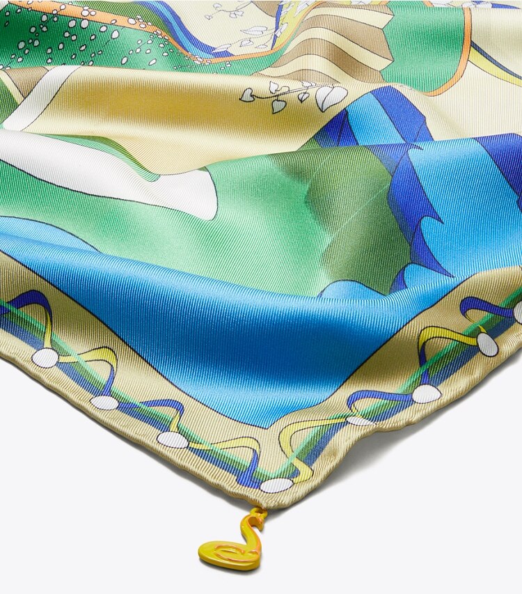 Tory Burch diseñador bufandas Pañuelo cuadrado de seda The Pool en The Pool Blue detalle