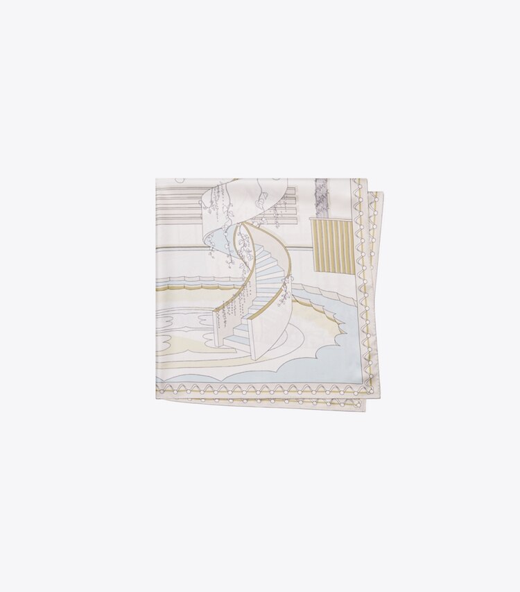 Tory Burch diseñador bufandas Pañuelo cuadrado de seda The Pool en The Pool Beige plegado