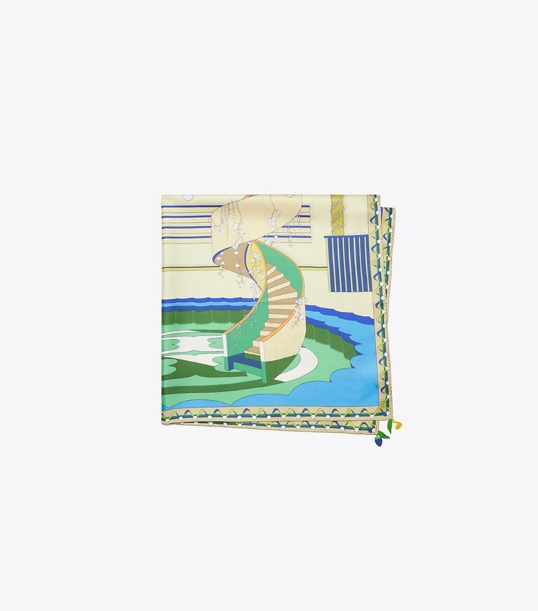 Tory Burch diseñador bufandas Pañuelo cuadrado de seda The Pool en The Pool Blue plegado