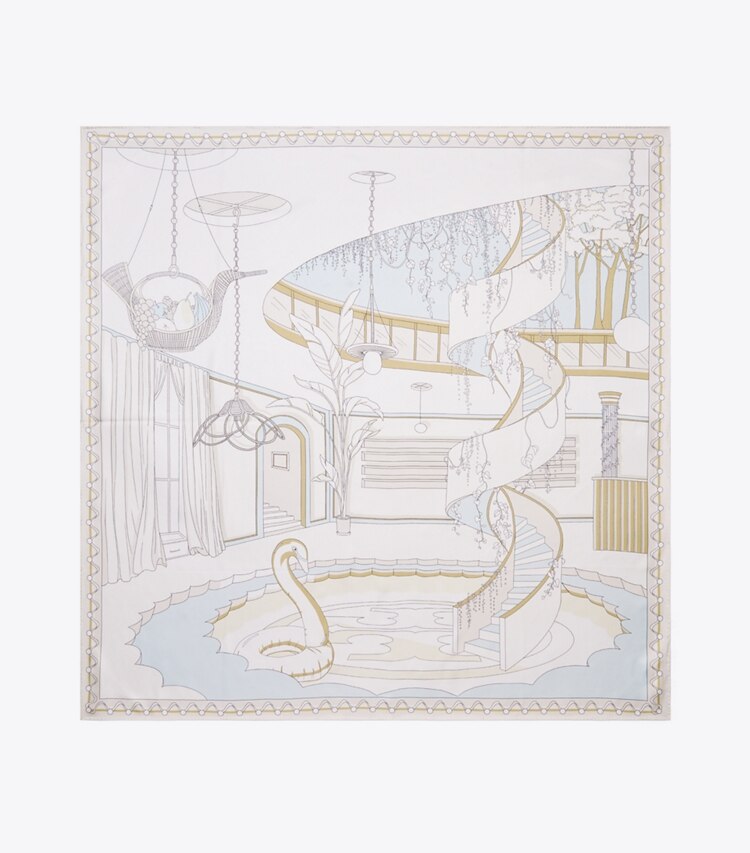 Tory Burch diseñador bufandas Pañuelo cuadrado de seda The Pool en The Pool Beige vista superior