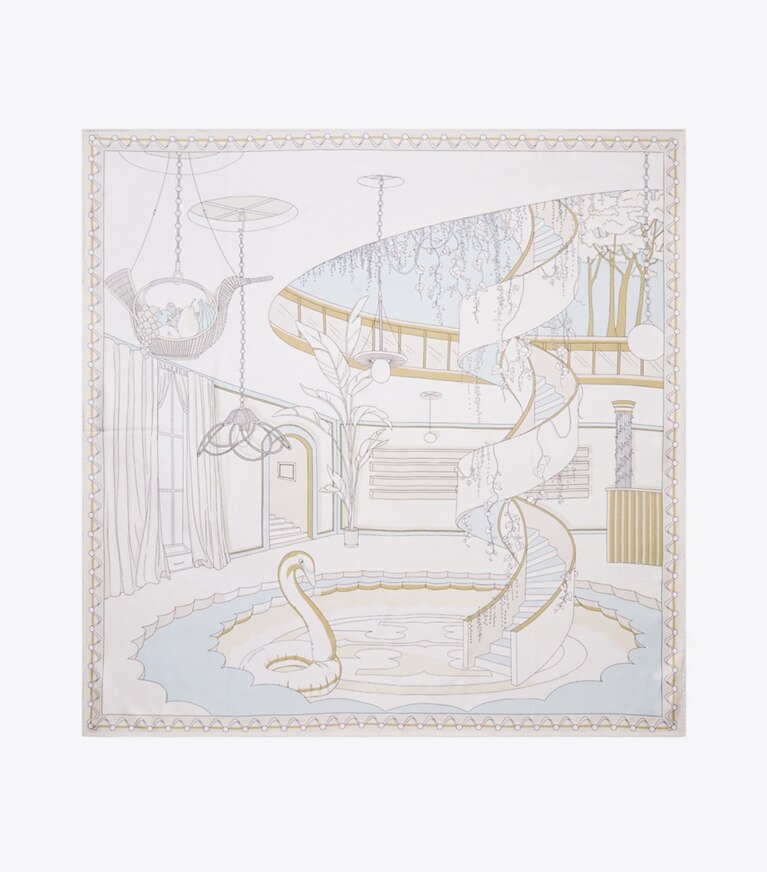 Tory Burch diseñador bufandas Pañuelo cuadrado de seda The Pool en The Pool Beige vista superior