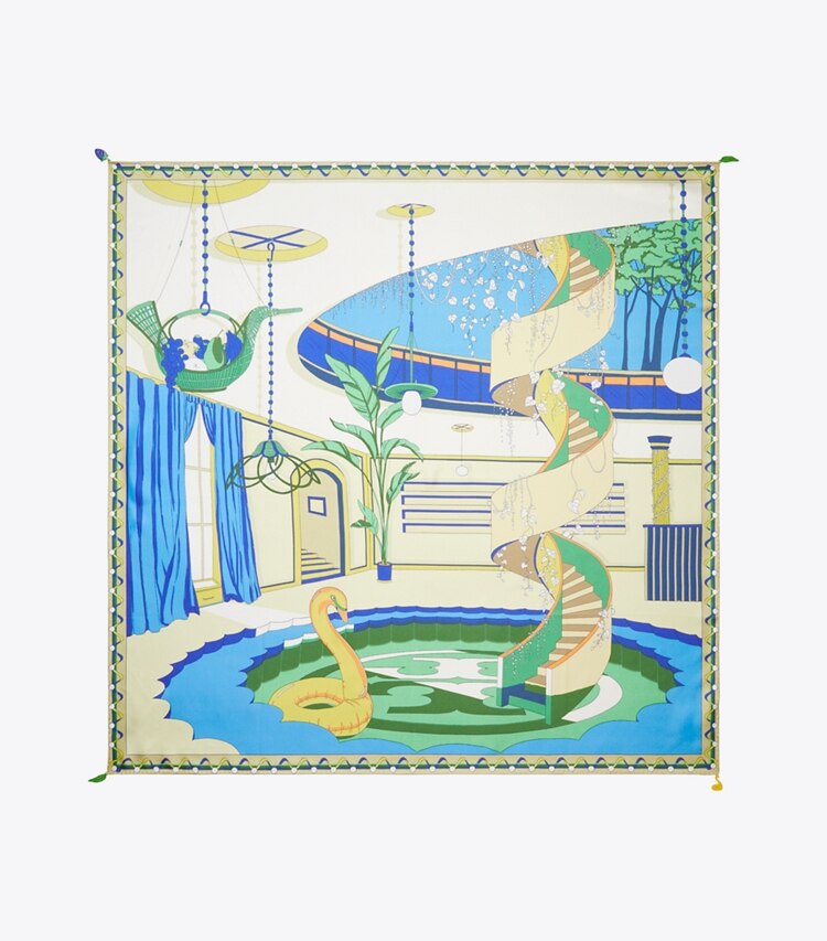 Tory Burch diseñador bufandas Pañuelo cuadrado de seda The Pool en The Pool Blue vista superior
