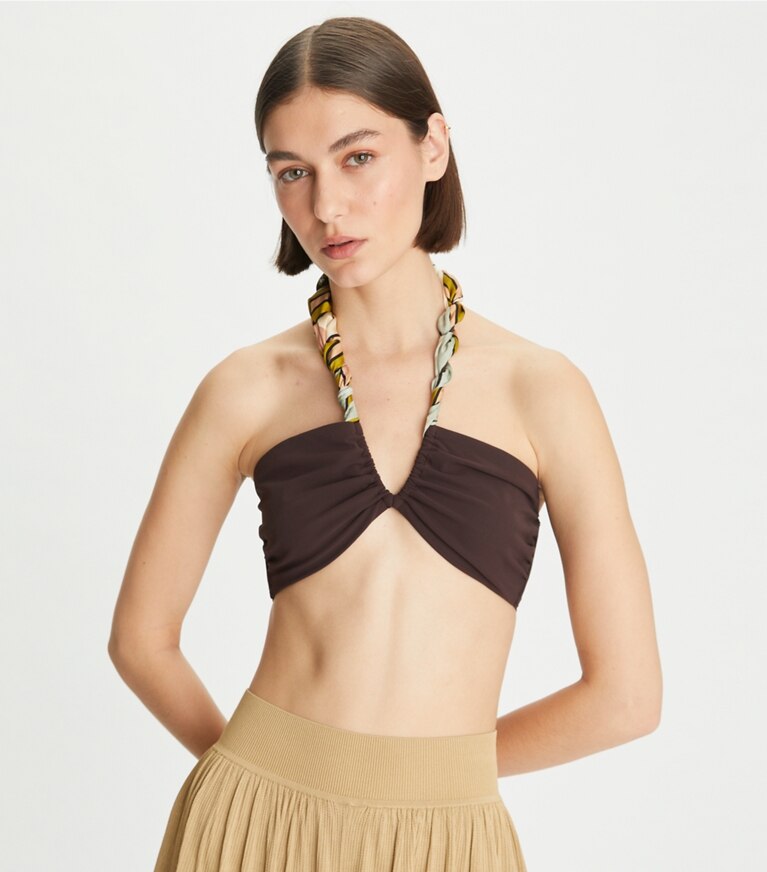 Tory Burch diseñador bufandas Pañuelo de seda Pelican en Nude adicional en el modelo