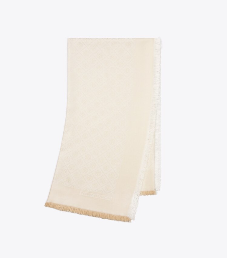 Tory Burch diseñador bufandas Pañuelo de viaje de jacquard con monograma de T en NEW IVORY plegado