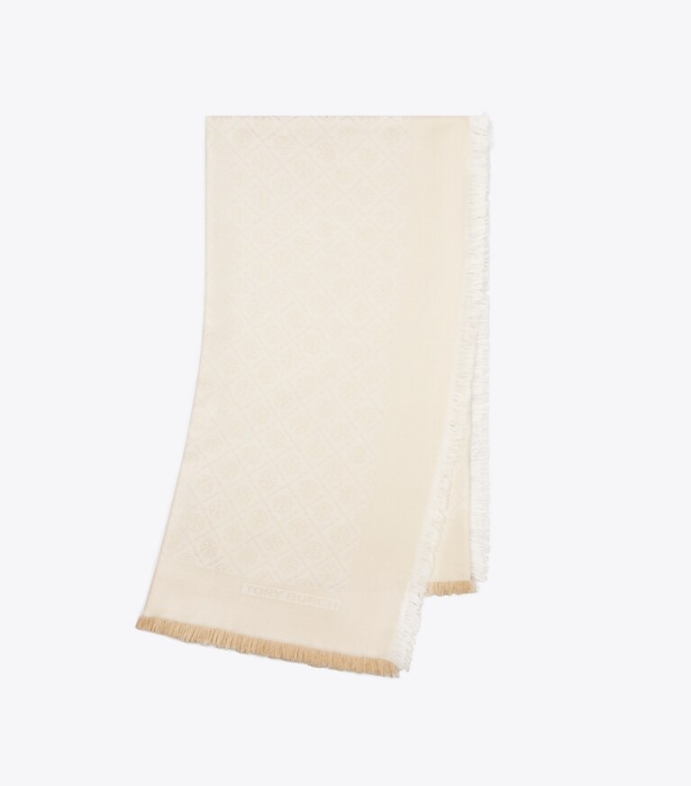 Tory Burch diseñador bufandas Pañuelo de viaje de jacquard con monograma de T en NEW IVORY plegado