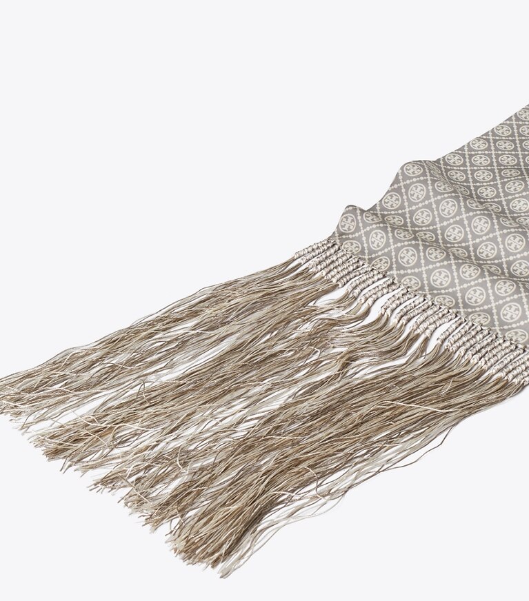 Tory Burch diseñador bufandas Pañuelo rectangular con flecos y monograma T en Mini T Monogram Grey detalle