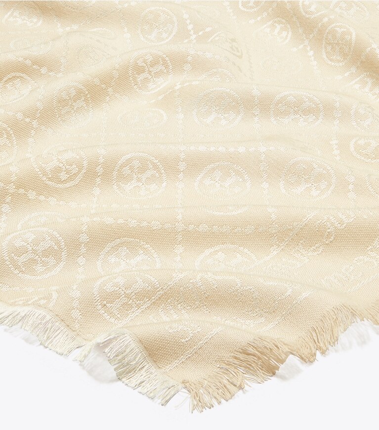 Tory Burch diseñador bufandas Pañuelo rectangular de jacquard con monograma en T en Light Cream detalle