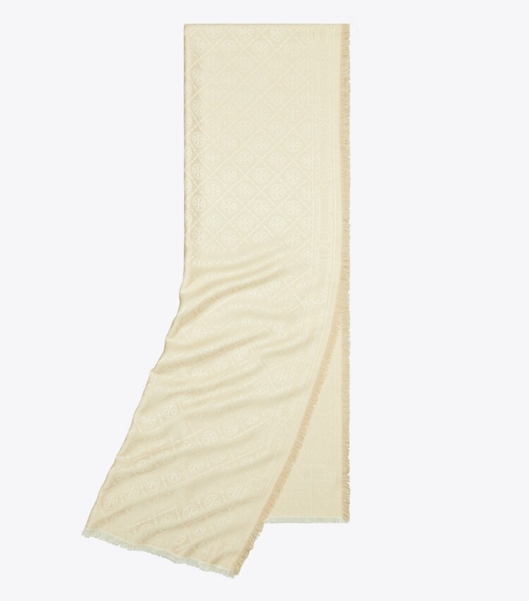 Tory Burch diseñador bufandas Pañuelo rectangular de jacquard con monograma en T en Light Cream plegado