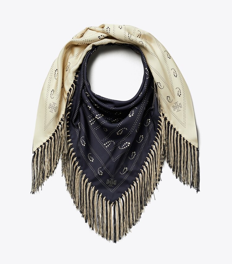 Tory Burch diseñador bufandas Pañuelo triangular de seda en Navy plegado