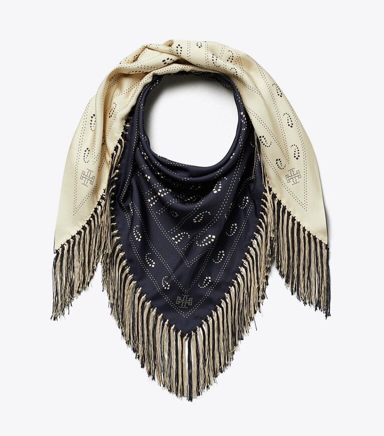 Tory Burch diseñador bufandas Pañuelo triangular de seda en Navy plegado