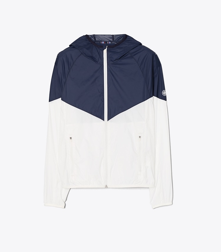 Tory Sport designer jackets Packable Nylon Chevron Anorak in Tory Navy/Snow White front