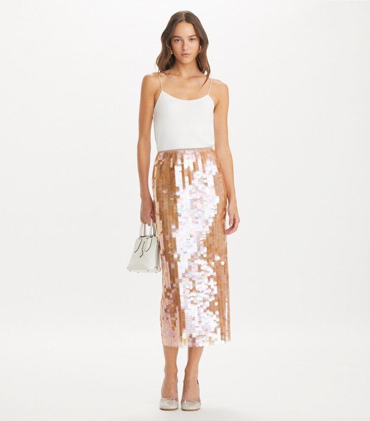 Tory Burch designer unterteile Paillettenrock in Mocha Mesh modell von vorn
