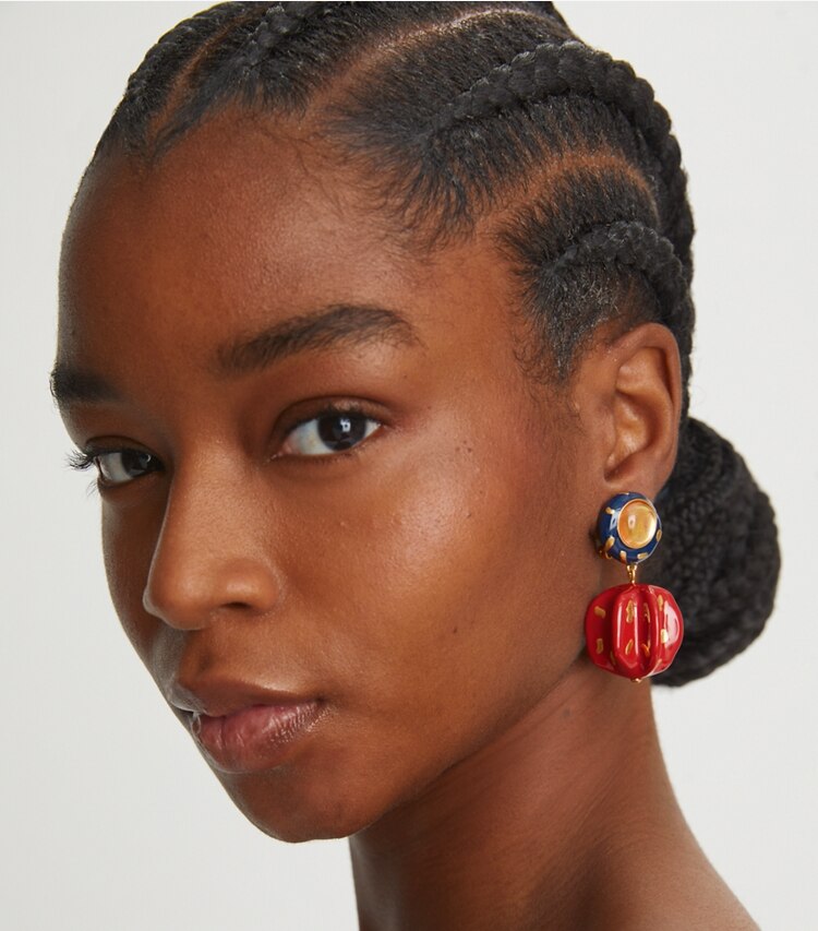 Tory Burch designer earrings Painted Drop Earring in Rolled Gold / Red / Blue accessory on model